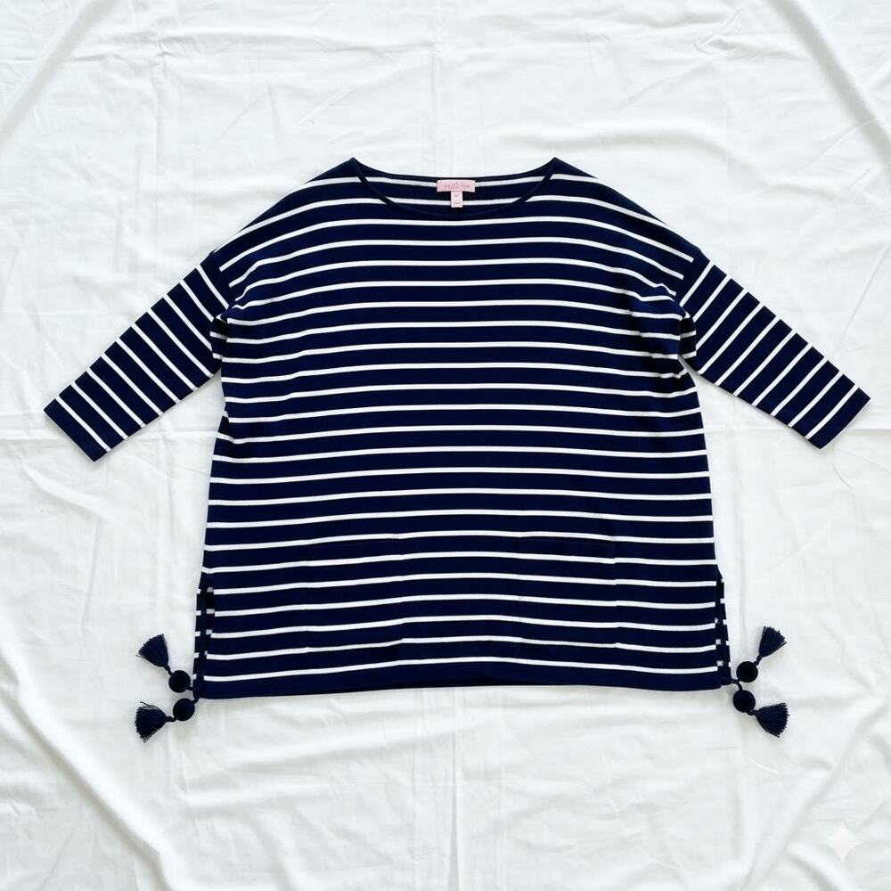 Lilly Pulitzer Navy Blue White Striped Tassel Sweater Womens XSmall